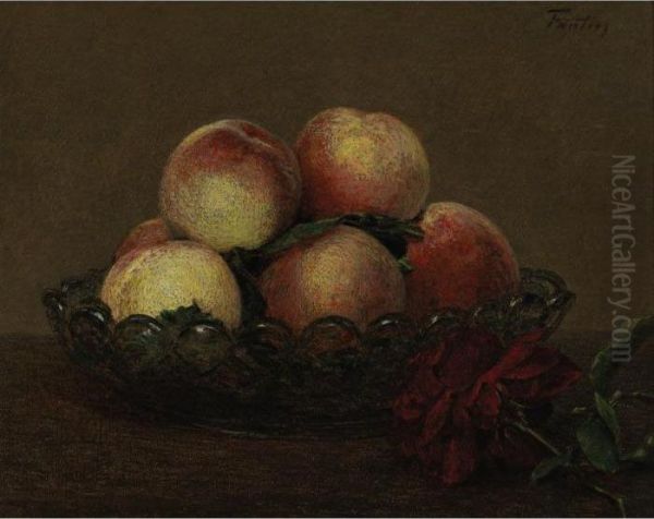 Nature Morte (peches Dans Une 
Coupe De Verre, Une Rose Rouge Foncee Avec Feuilles A Droite) Oil Painting by Ignace Henri Jean Fantin-Latour