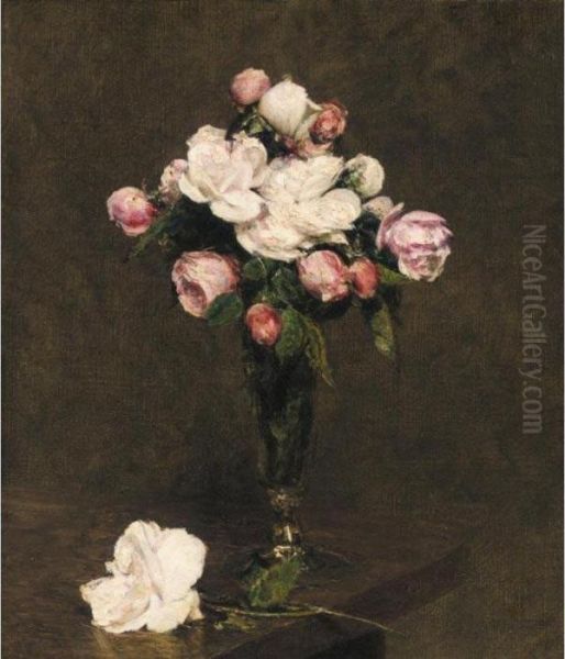 Roses Blanches Et Roses Dans Un Verre A Pied Oil Painting by Ignace Henri Jean Fantin-Latour