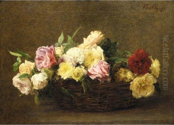 Roses Dans Un Panier En Osier Oil Painting by Ignace Henri Jean Fantin-Latour