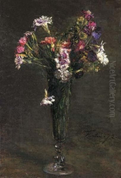 Fleurs: Oeillets Et Jacynthe Dans Une Flute A Champagne Oil Painting by Ignace Henri Jean Fantin-Latour