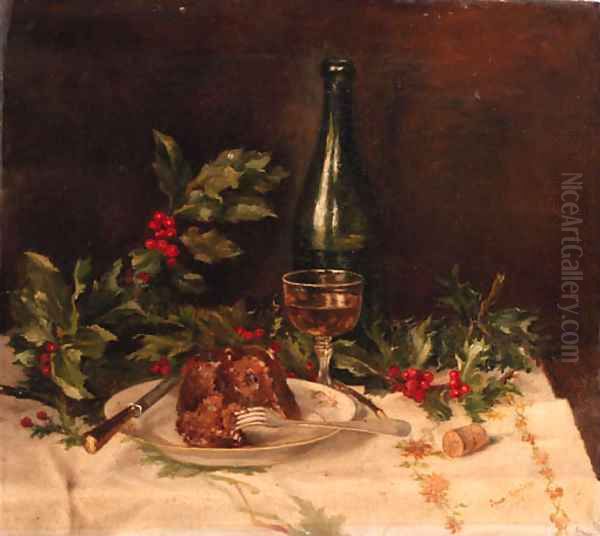 A still life with christmas-pudding, holly and wine Oil Painting by Johanna Helena Looisen