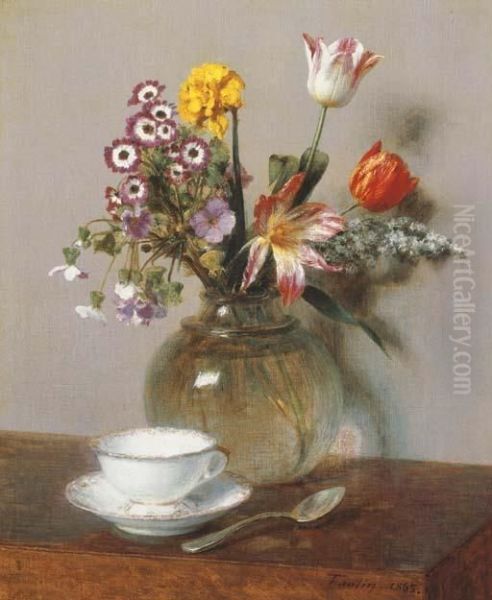 Vase De Fleurs Avec Une Tasse De Cafe Oil Painting by Ignace Henri Jean Fantin-Latour