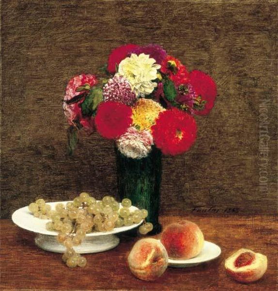 Nature Morte: Dahlias, Raisins Et Peches Oil Painting by Ignace Henri Jean Fantin-Latour