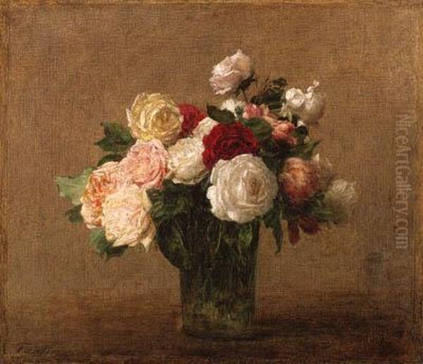 Roses Dans Un Vase De Verre Oil Painting by Ignace Henri Jean Fantin-Latour