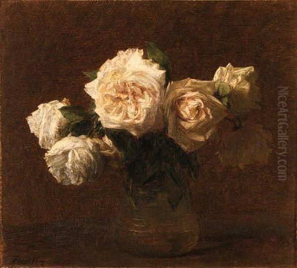 Six Roses Jaunes Dans Un Vase En Verre Oil Painting by Ignace Henri Jean Fantin-Latour