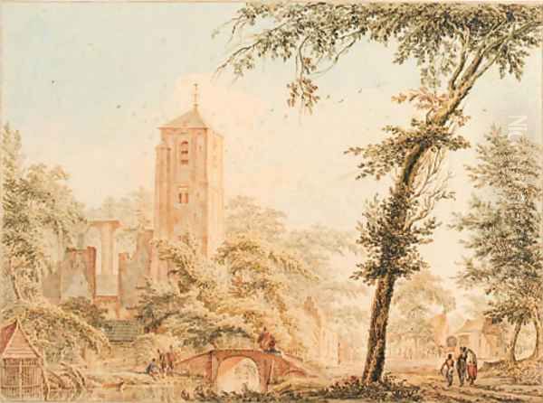 A ruined church in a village with figures by a bridge over a river Oil Painting by Paulus Van Liender