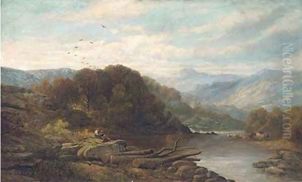 Cattle and figures by a lake in an extensive Welsh landscape Oil Painting by Benjamin Williams Leader