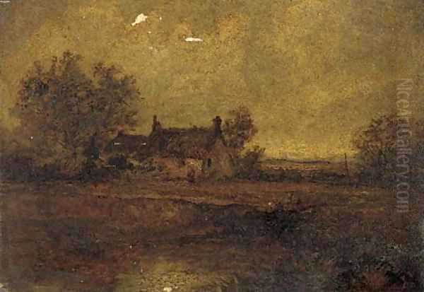 Figures by a pond before a cottage Oil Painting by Benjamin Williams Leader