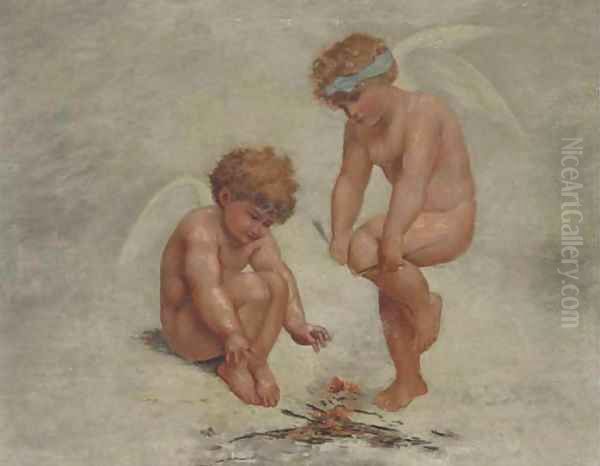 Putti building a fire with broken arrows Oil Painting by Charles Augustus Henry Lutyens