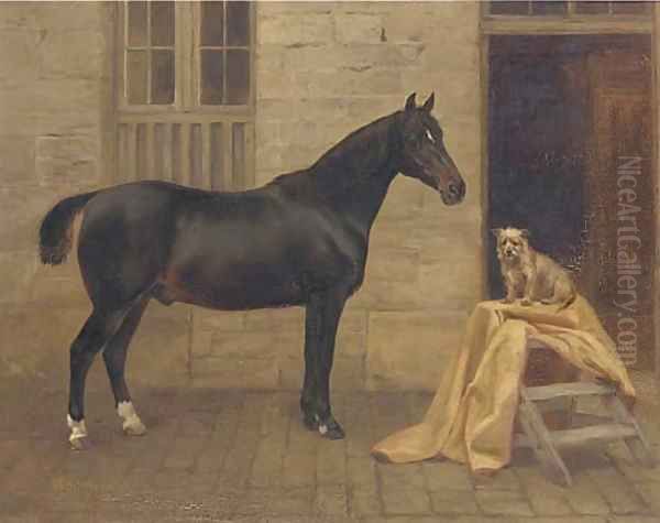 Moorman, a cob and Pixie, a terrier outside a stable Oil Painting by Charles Augustus Henry Lutyens