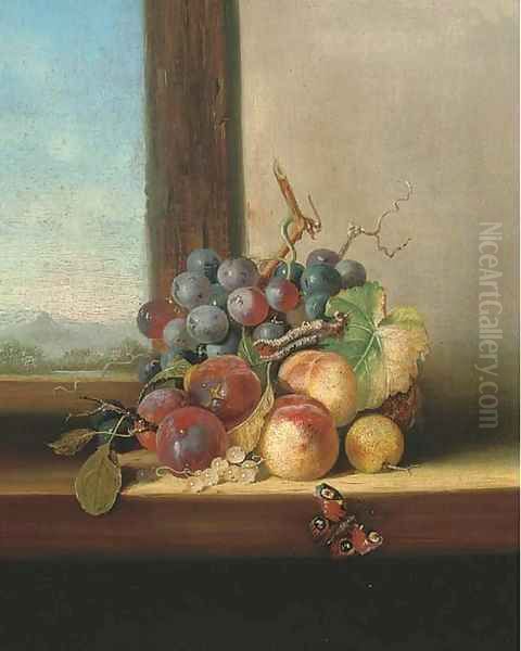 Grapes, plums, nectarines and a butterfly, on a windowsill Oil Painting by Edward Ladell