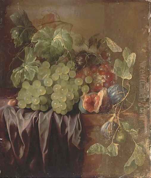 Grapes, figs, an acorn and a drape on a ledge Oil Painting by Edward Ladell