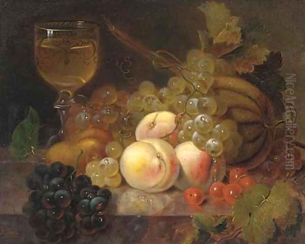 Peaches, a melon, cherries, a pear, grapes and a glass of wine on a marble ledge Oil Painting by Edward Ladell