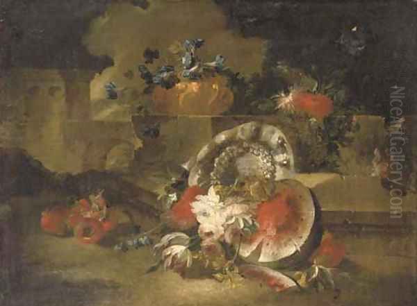 A sliced watermelon, pomegranates, roses, tulips and other flowers near a stone wall in a landscape Oil Painting by Francesco Lavagna