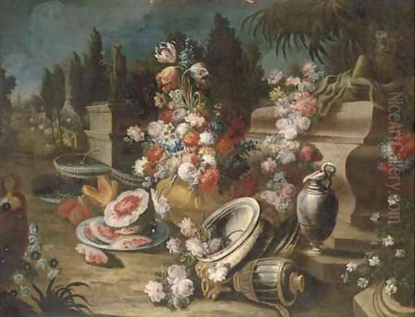 A landscape garden with urns, platters, ewers of mixed flowers and melons Oil Painting by Francesco Lavagna