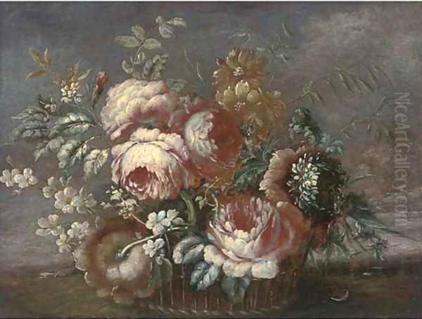 Roses, chrysanthemums and other flowers in a basket, a landscape beyond Oil Painting by Francesco Lavagna