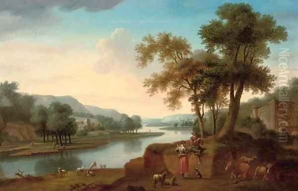 A wooded river landscape with a shepherd and shepherdess making music, their cattle and flock beyond Oil Painting by George Lambert