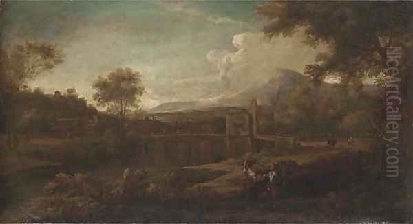 Italianate river landscape with figures in the foreground, a Roman bridge beyond Oil Painting by George Lambert