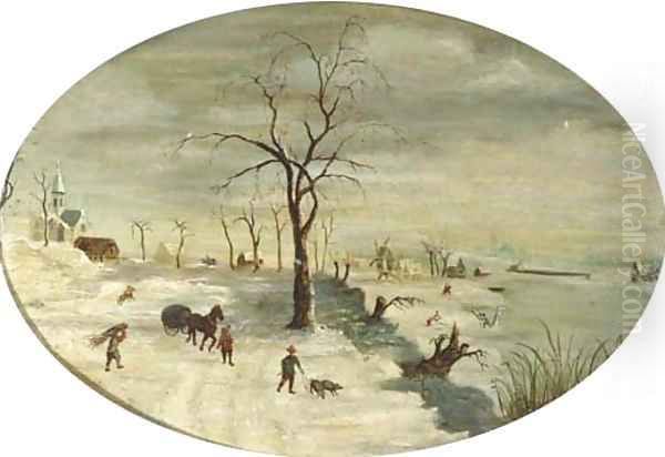 A winter landscape with figures on the ice Oil Painting by Gijsbrecht Leytens