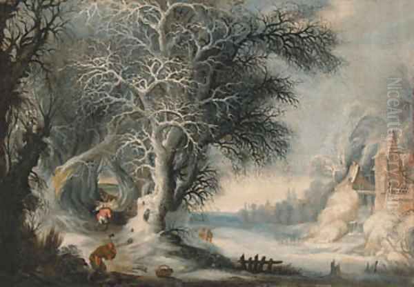 Woodcutters in a winter landscape, a town beyond Oil Painting by Gijsbrecht Leytens