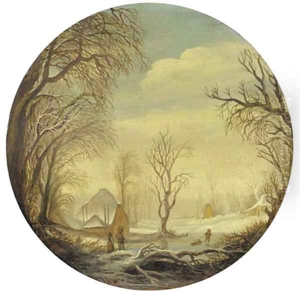 A winter landscape with figures on the ice, a farm beyond Oil Painting by Gijsbrecht Leytens