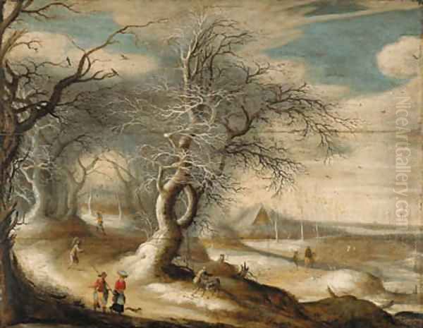 A winter wooded landscape with faggot-gatherers and peasants on paths Oil Painting by Gijsbrecht Leytens