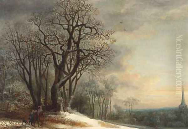 Travellers on a snowy path overlooking a valley, at sunset Oil Painting by Gijsbrecht Leytens