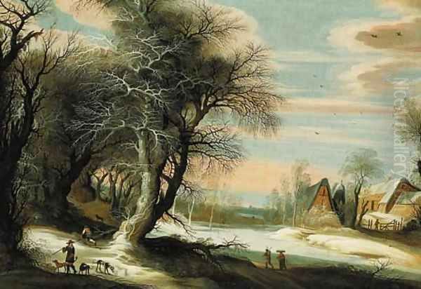 A winter landscape with a barn and travellers passing through, a city beyond Oil Painting by Gijsbrecht Leytens