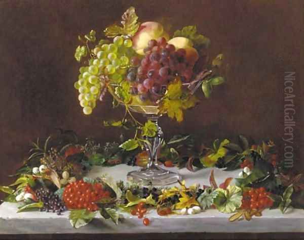 Grapes and peaches in a tazza with wild berries on a marble ledge Oil Painting by Augusta Laessoe