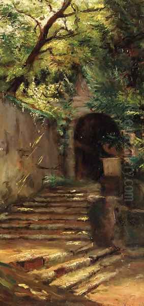 An entrance to an estate Oil Painting by Carl August Lebschee