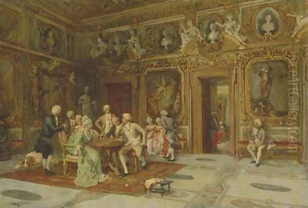 A Game of Chess in the Bernini Room, Villa Borghese, Roma Oil Painting by Enrique Cabral Y Llano