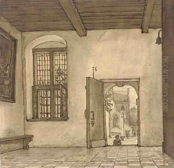 The interior of a house, with an open door showing the street beyond Oil Painting by Gerrit Lamberts