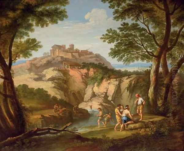 An Italianate river landscape with fishermen in the foreground and a hill town beyond Oil Painting by Andrea Locatelli