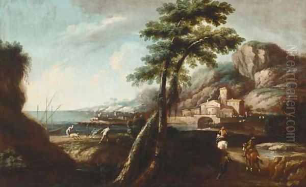 An Italianate landscape with travellers on a track, a port beyond Oil Painting by Andrea Locatelli