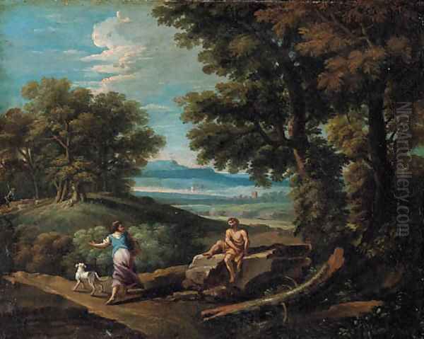 A wooded landscape with a peasant passing a resting shepherd Oil Painting by Andrea Locatelli