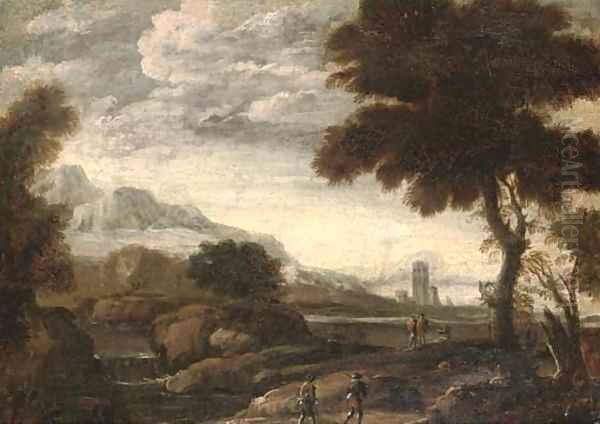 An extensive river landscape with travellers on a path Oil Painting by Andrea Locatelli