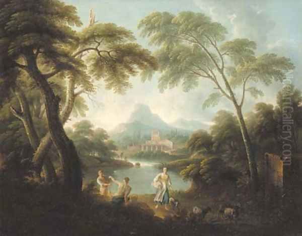 An Italianate river landscape with fishermen and a shepherdess Oil Painting by Andrea Locatelli