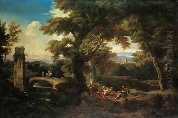 An Italianate wooded river landscape with pilgrims resting, a ruined tower and a bridge beyond Oil Painting by Andrea Locatelli