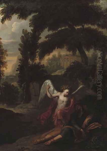 The Angel visiting Jacob in a wooded landscape Oil Painting by Andrea Locatelli