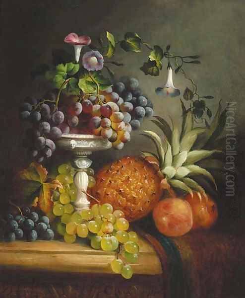 Grapes, a peach, a pomegranate, a pineapple, and a tazza, on a draped marble ledge Oil Painting by George Lance