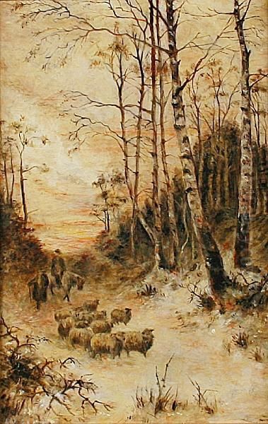 Shepherds And Sheep In A Snowy Wood Oil Painting by David Farquharson