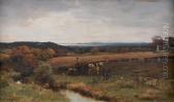 Picking Potatoes, A Town Beyond (possiblyayr) Oil Painting by David Farquharson