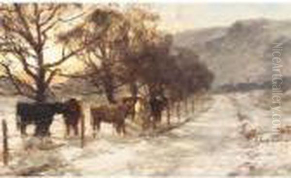 Cattle In Winter Oil Painting by David Farquharson