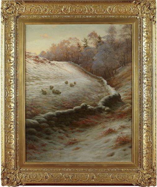 Sheep Grazing In A Snow Covered Landscape Oil Painting by Joseph Farquharson