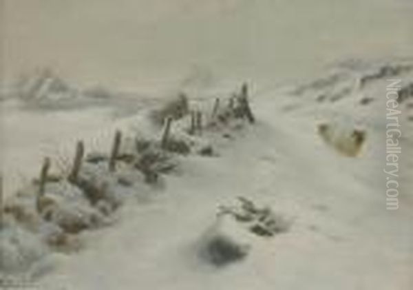 Black Faced Sheep On Snowy Farm Track Oil Painting by Joseph Farquharson