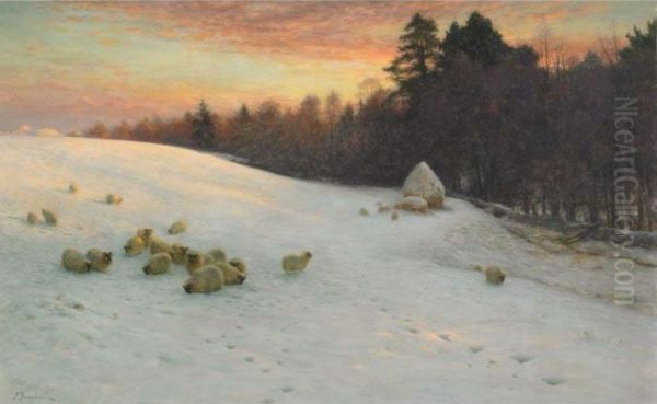 Sheep In Deep Snow At Sunset Oil Painting by Joseph Farquharson