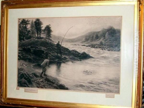 Salmon Coming To The Gaff In River Scene White Board Mount And Heavy Oil Painting by Joseph Farquharson