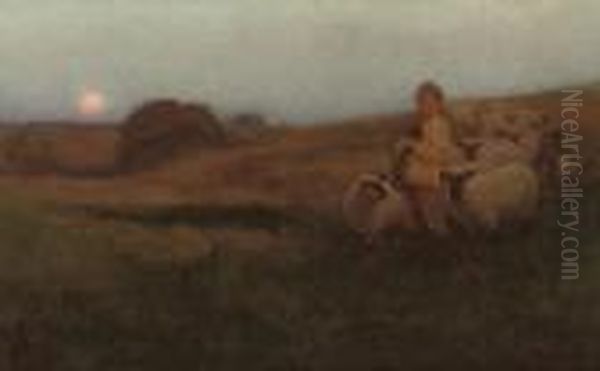 A Shepherd Boy And His Flock At Sunset Oil Painting by Joseph Farquharson