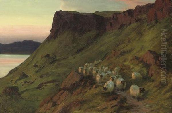 Sheep Below The Greeben Cliff, Mull, Evening Oil Painting by Joseph Farquharson