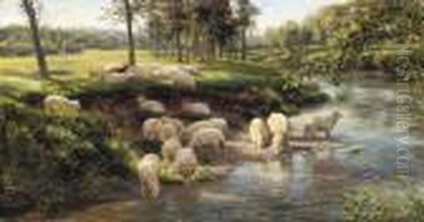 Sheep Grazing By A River Oil Painting by Joseph Farquharson